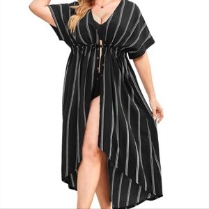 Black and White Striped Women Swim Coverup